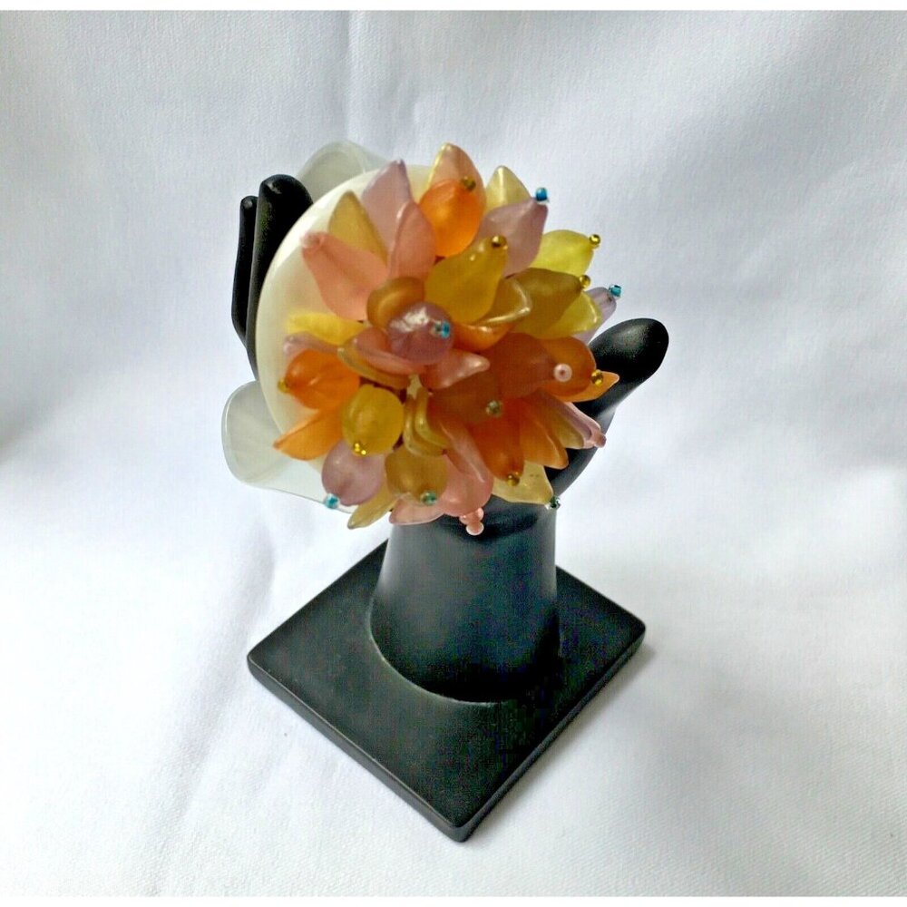 Vintage Molded Sculpture Cluster Cuff Bracelet Pastel Floral Flower  Faux MOP